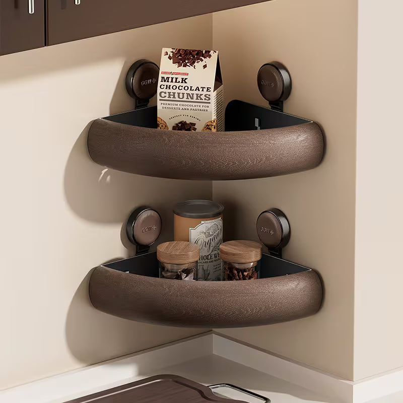 Vintage-Style Bathroom Shelf with Suction Cups, No Drilling Required, Triangular Corner Design for Wood Grain Shower Storage
