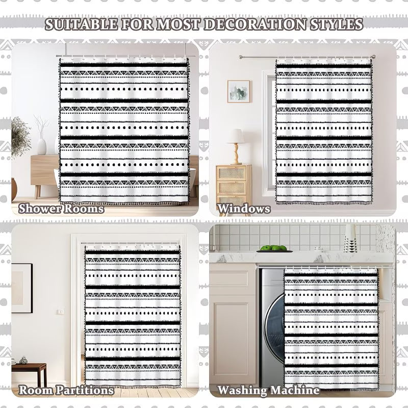 Boho Shower Curtain Black Striped Geometric Pattern | Tassel Bohemian Shower Curtain Modern Bathroom Home Decor with Hooks, Polyester, Machine Washable, Non- Fabric, 70x96 Inches