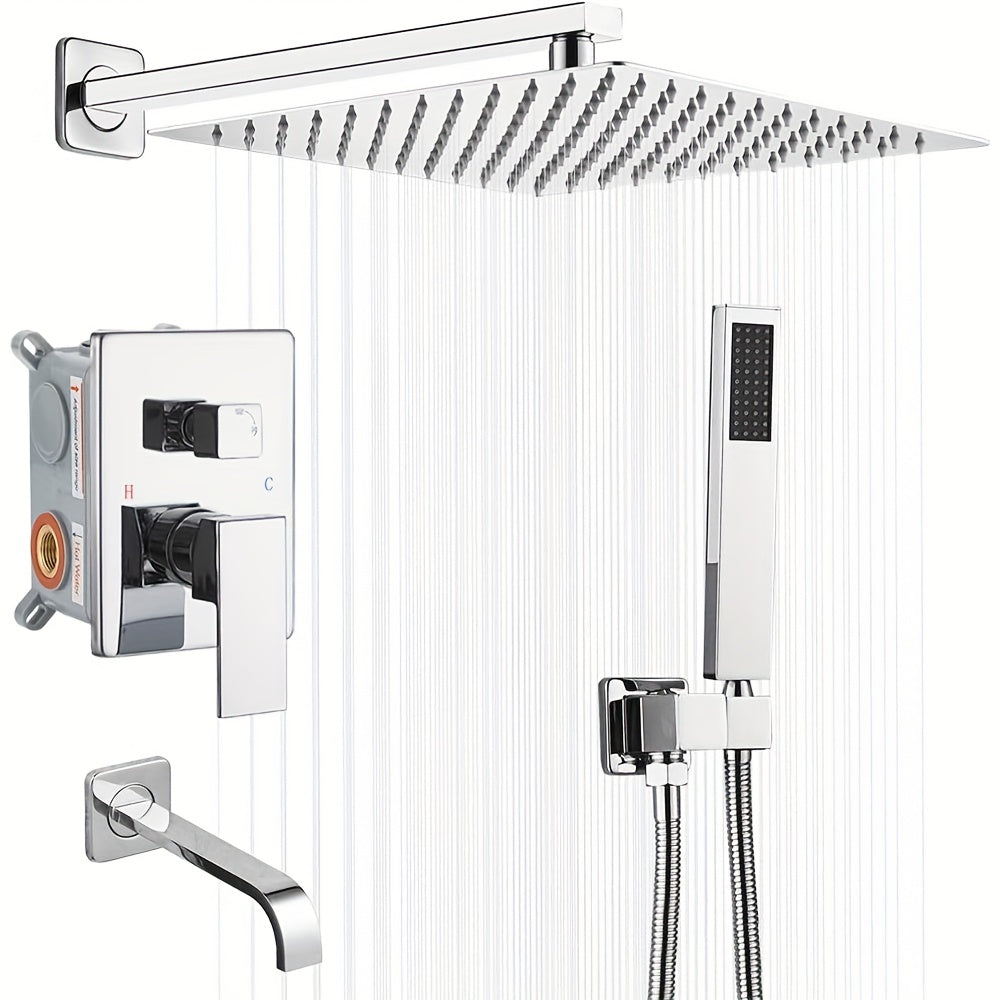 Brushed Golden Shower  Set with Tub Spout Bathroom Rainfall 12 Inch Shower Head System with Handheld Single Handle Shower Trim Kit with Rough-in Valve
