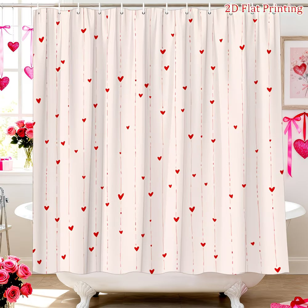 2D Flat, 2D Flat, 1pc Valentine'S Day Shower Curtain Featuring Adorable Red Hearts on a Polyester Fabric Background, Complete with 12 Hooks, Measuring 70.8X70.8 Inches, Perfect for Cheerful Bathroom Decor