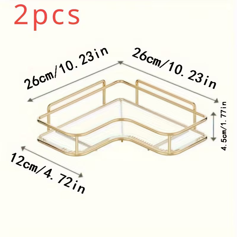 Set of 2 Chic Golden Corner Shelves, Adhesive Wall-Mounted Storage Solution, Ideal for Beauty And Personal Care Products, Trendy Bathroom Organizer