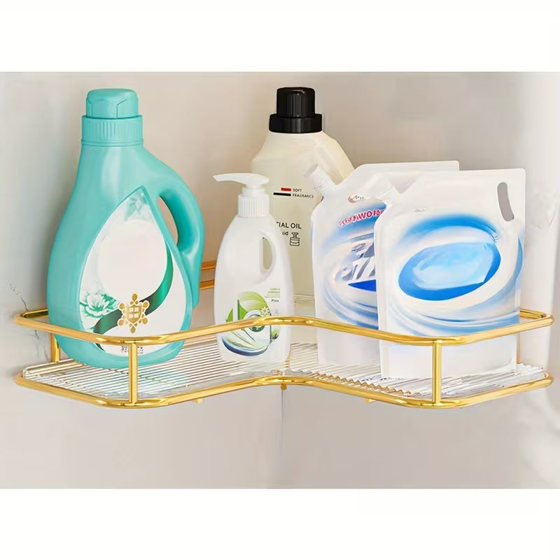 Set of 2 Chic Golden Corner Shelves, Adhesive Wall-Mounted Storage Solution, Ideal for Beauty And Personal Care Products, Trendy Bathroom Organizer