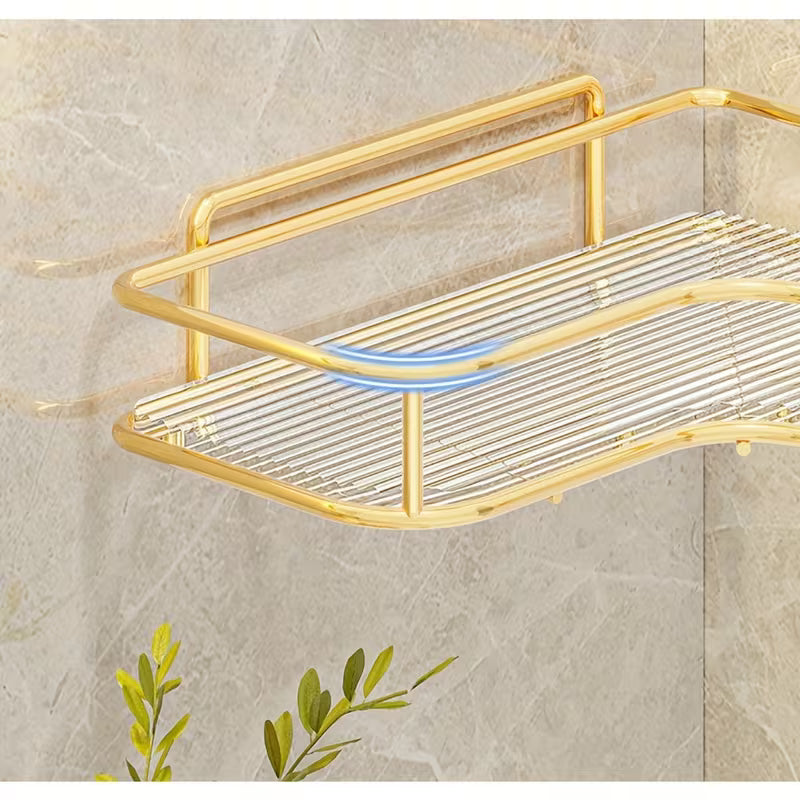 Set of 2 Chic Golden Corner Shelves, Adhesive Wall-Mounted Storage Solution, Ideal for Beauty And Personal Care Products, Trendy Bathroom Organizer