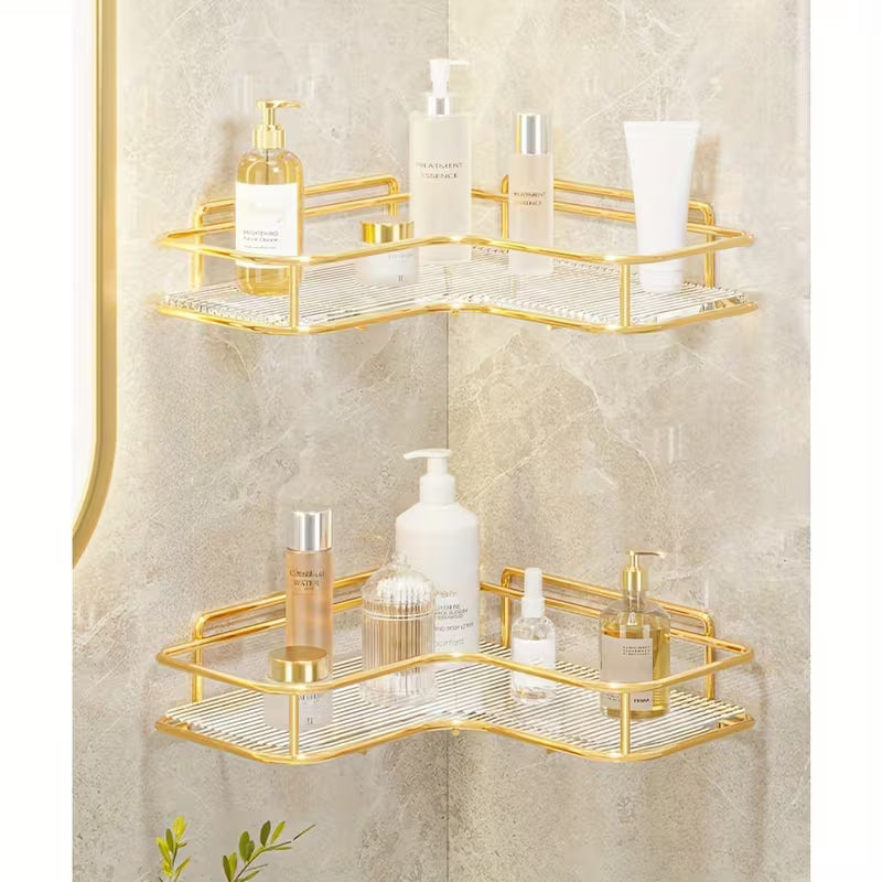 Set of 2 Chic Golden Corner Shelves, Adhesive Wall-Mounted Storage Solution, Ideal for Beauty And Personal Care Products, Trendy Bathroom Organizer