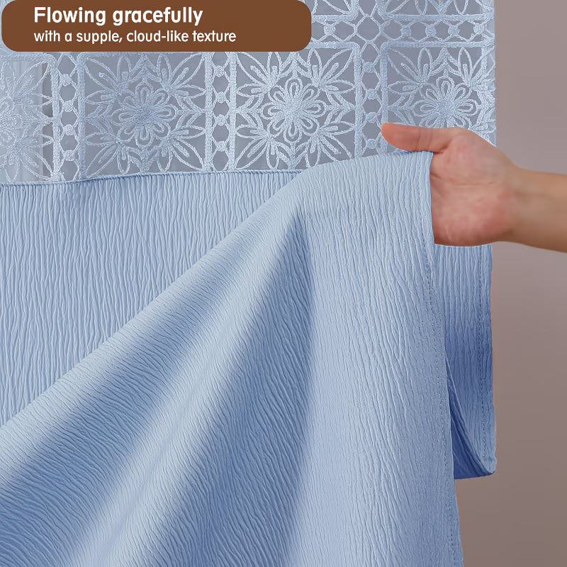 Extra Long Sky Blue Shower Curtain | 96 Inch Long Textured Crinkle Fabric with Embroidery Cutwork, Soft Heavy Weighted, Machine Washable, Polyester, Luxurious Bathroom Decor 72Wx96L Inches