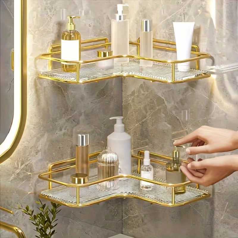 Set of 2 Chic Golden Corner Shelves, Adhesive Wall-Mounted Storage Solution, Ideal for Beauty And Personal Care Products, Trendy Bathroom Organizer