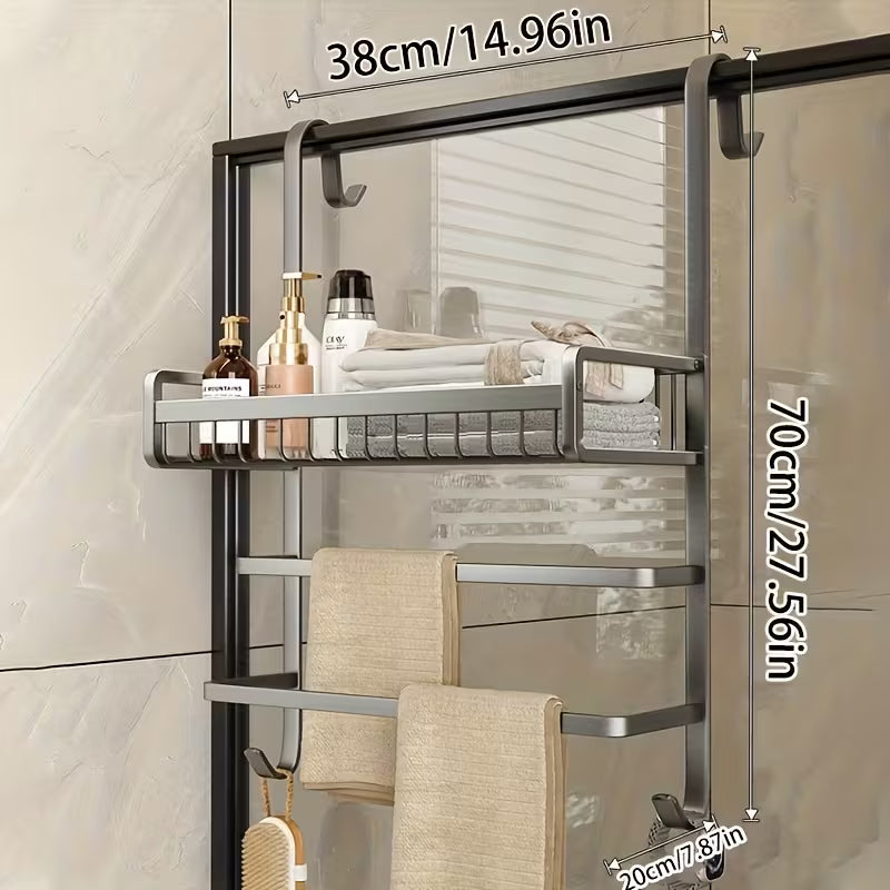 Shower Door Hanging Organizer, No Drilling Required Bathroom Storage Rack - Space Saving Adjustable Multipurpose Shower Rack for Shampoo, Soap, Towels, Razors - Rust-Proof Aluminum Bathroom Accessories, Gunmetal Gray, Shower Caddies