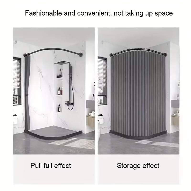 A Foldable Gray Privacy Shower Curtain with Black Grommet Eyelet Hooks, Made of Wavy-folded