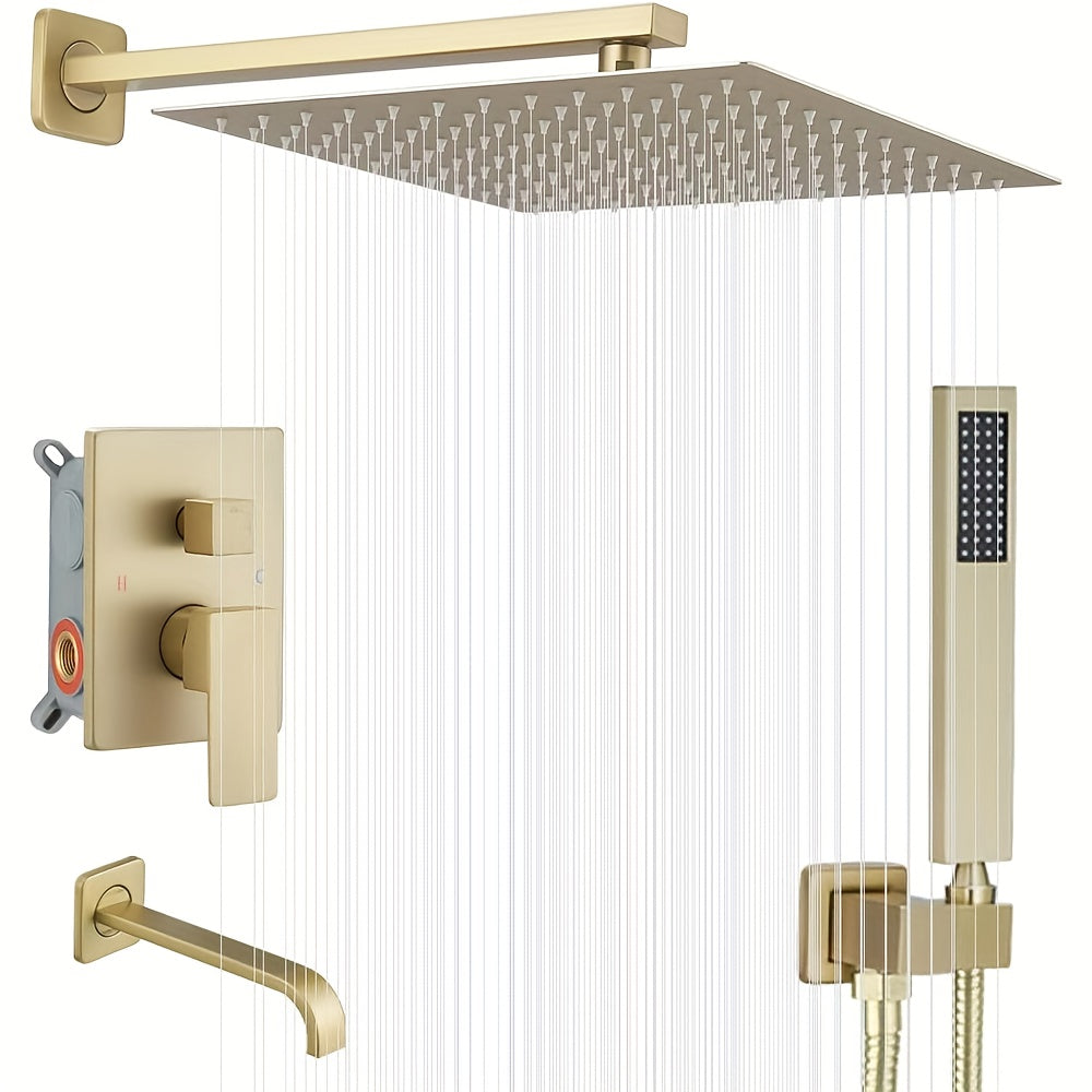 Brushed Golden Shower  Set with Tub Spout Bathroom Rainfall 12 Inch Shower Head System with Handheld Single Handle Shower Trim Kit with Rough-in Valve