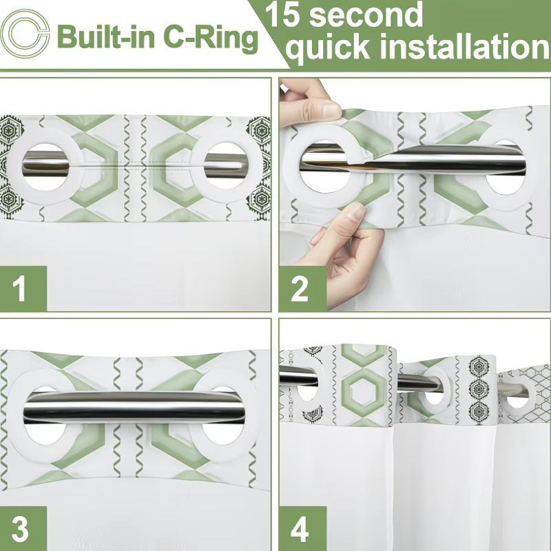 No Hook Shower Curtain with Snap in Liner and Sheer Window | Modern Hotel Style, Polyester, Green and White, 71 X 84 Inches, Machine Washable, Quick Install