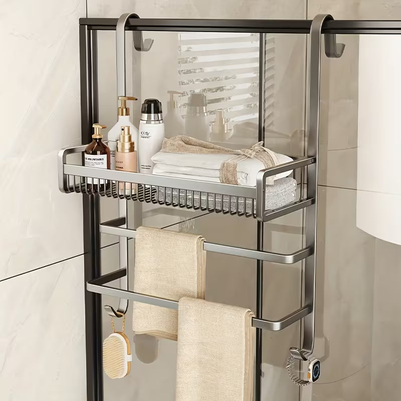 Shower Door Hanging Organizer, No Drilling Required Bathroom Storage Rack - Space Saving Adjustable Multipurpose Shower Rack for Shampoo, Soap, Towels, Razors - Rust-Proof Aluminum Bathroom Accessories, Gunmetal Gray, Shower Caddies