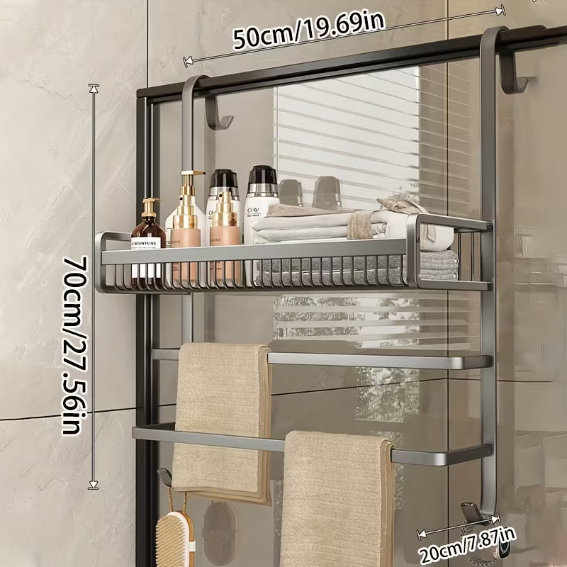 Shower Door Hanging Organizer, No Drilling Required Bathroom Storage Rack - Space Saving Adjustable Multipurpose Shower Rack for Shampoo, Soap, Towels, Razors - Rust-Proof Aluminum Bathroom Accessories, Gunmetal Gray, Shower Caddies