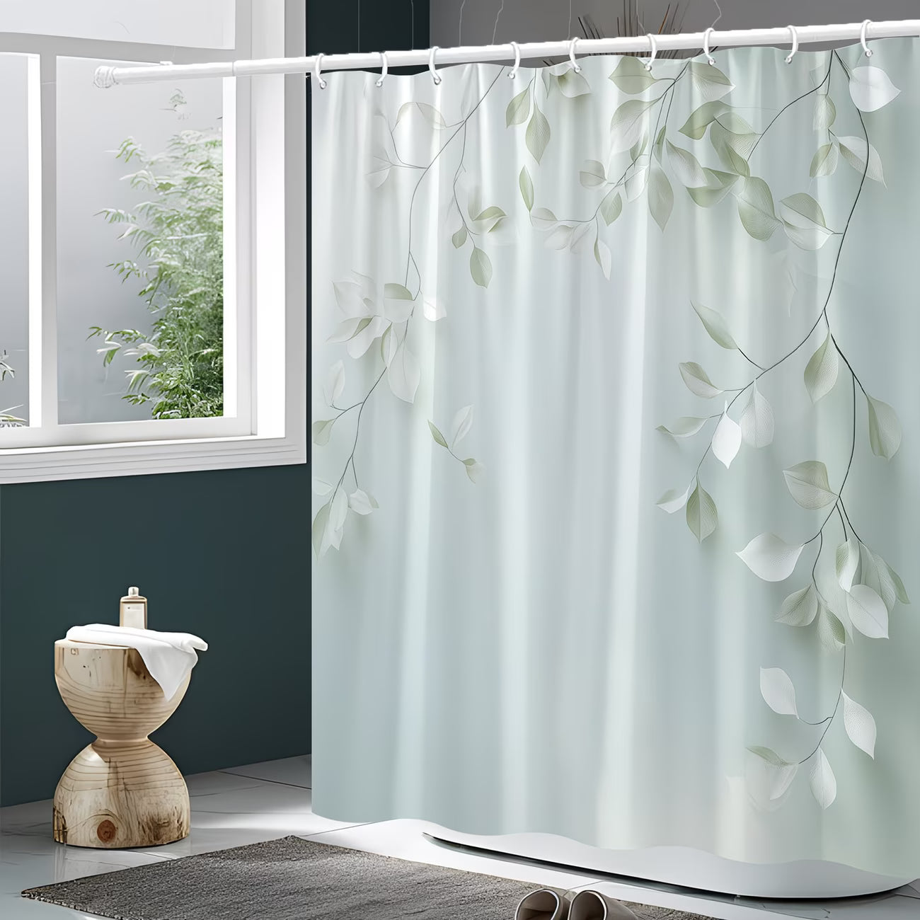 1pc a Stylish Polyester Shower Curtain Featuring a Design of Light Green Leaves And Dark Branches. It Includes No-Drill Super Wide Rings, Is Machine Washable