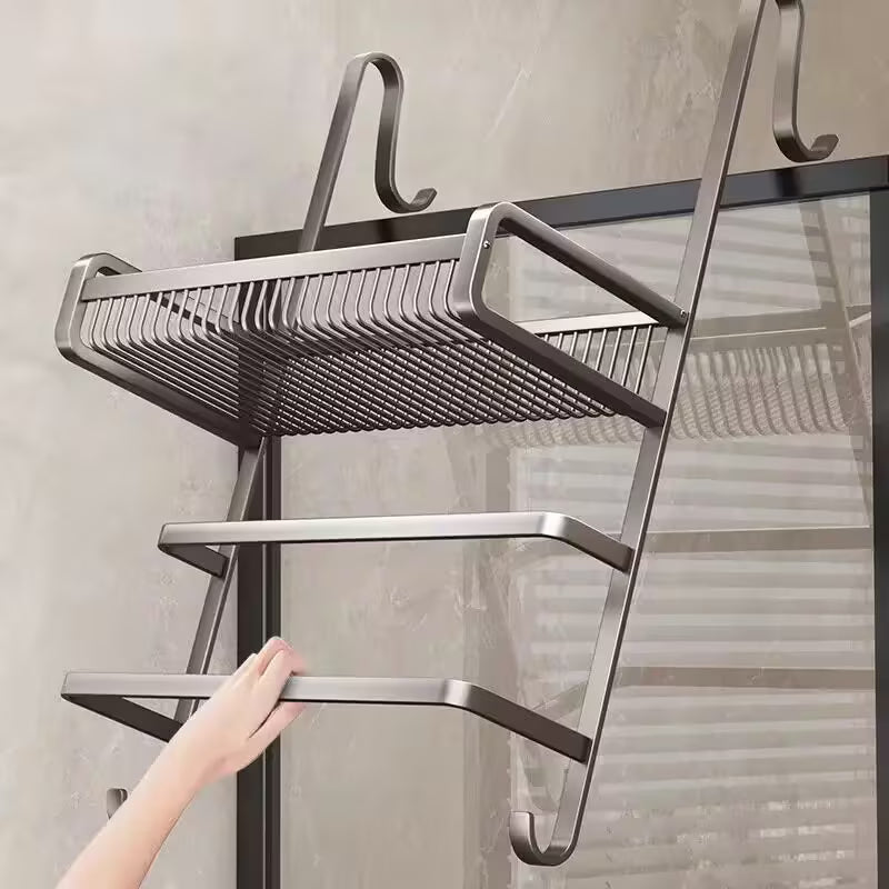 Shower Door Hanging Organizer, No Drilling Required Bathroom Storage Rack - Space Saving Adjustable Multipurpose Shower Rack for Shampoo, Soap, Towels, Razors - Rust-Proof Aluminum Bathroom Accessories, Gunmetal Gray, Shower Caddies
