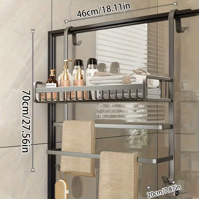 Shower Door Hanging Organizer, No Drilling Required Bathroom Storage Rack - Space Saving Adjustable Multipurpose Shower Rack for Shampoo, Soap, Towels, Razors - Rust-Proof Aluminum Bathroom Accessories, Gunmetal Gray, Shower Caddies