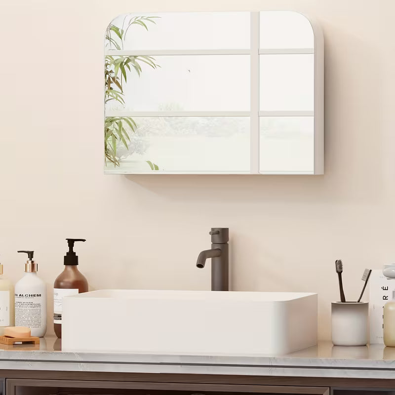 1pc Varnished Solid Wood Arch Cabinet with Mirror, Wall Mount Lightweight Medicine Storage for Bedroom, Bathroom, Living Room - Glass Finish, No Electricity Needed