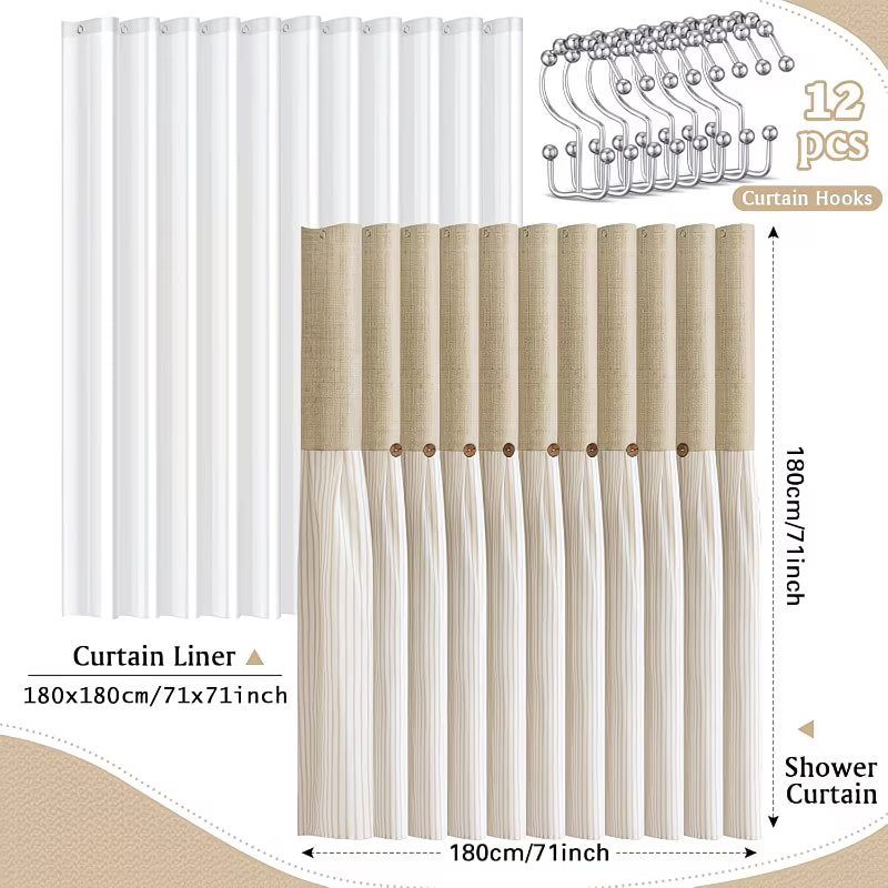 3-in-1 Farmhouse Boho Shower Curtain Set with Clear Weighted Liner & 12 Double Rings - Heavy-Duty -Like / Blend Fabric, Beige/Brown Rustic Bathroom Decor, 70"x70" Bathtub Curtain