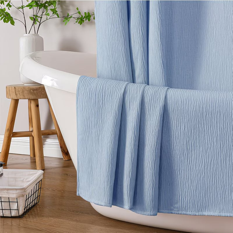 Extra Long Sky Blue Shower Curtain | 96 Inch Long Textured Crinkle Fabric with Embroidery Cutwork, Soft Heavy Weighted, Machine Washable, Polyester, Luxurious Bathroom Decor 72Wx96L Inches