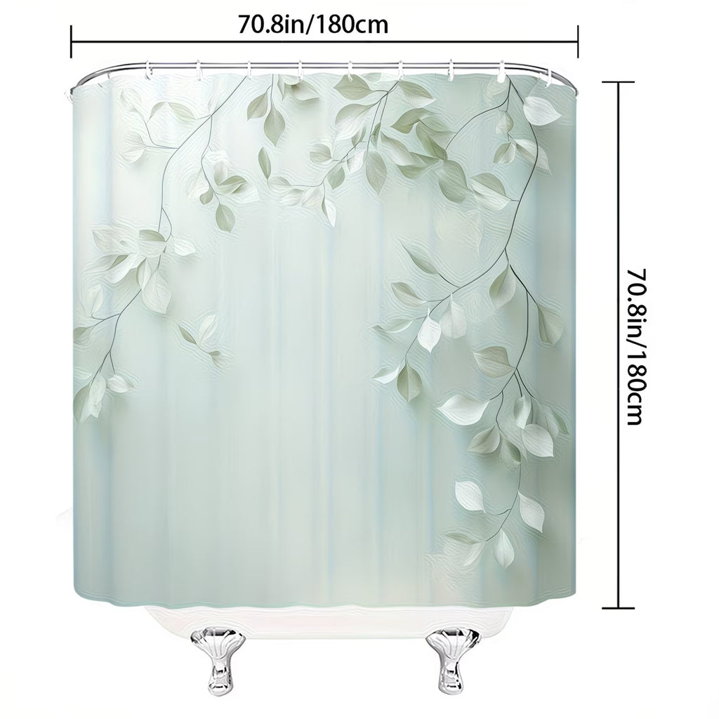 1pc a Stylish Polyester Shower Curtain Featuring a Design of Light Green Leaves And Dark Branches. It Includes No-Drill Super Wide Rings, Is Machine Washable
