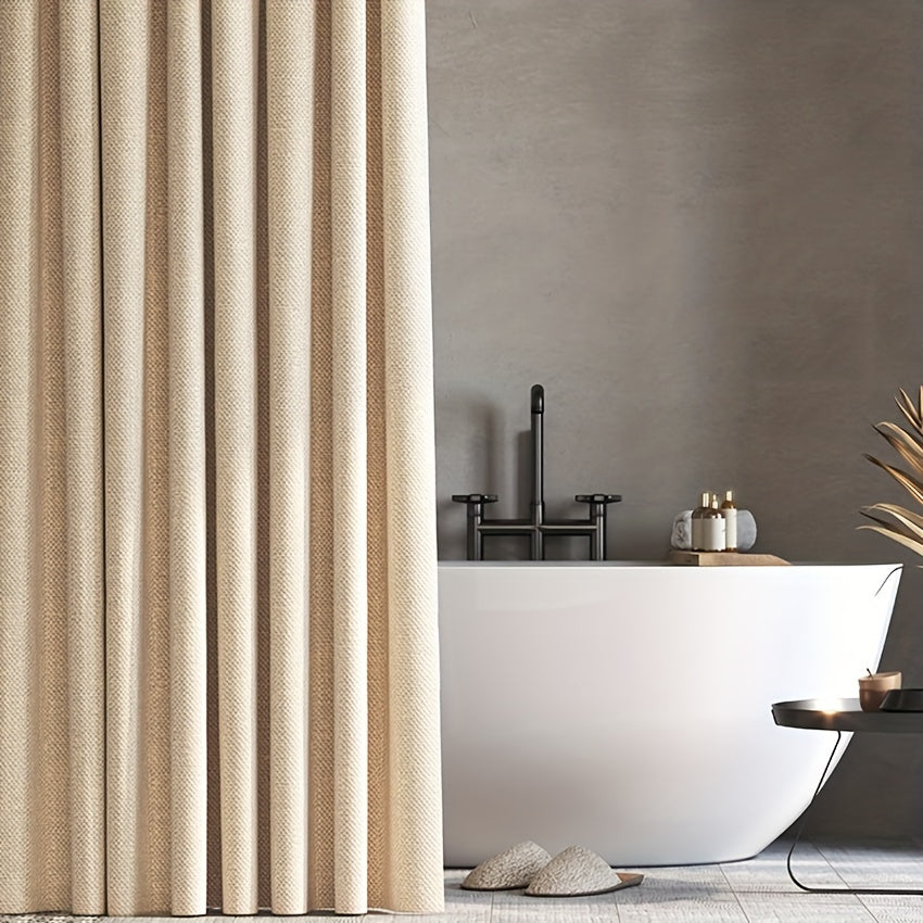 1pc Imitation Linen Shower Curtain, Thick Fabric Bath Curtains, Partition for Bathroom Bathtub, Modern Bathing Cover with Hooks, 71x71inch