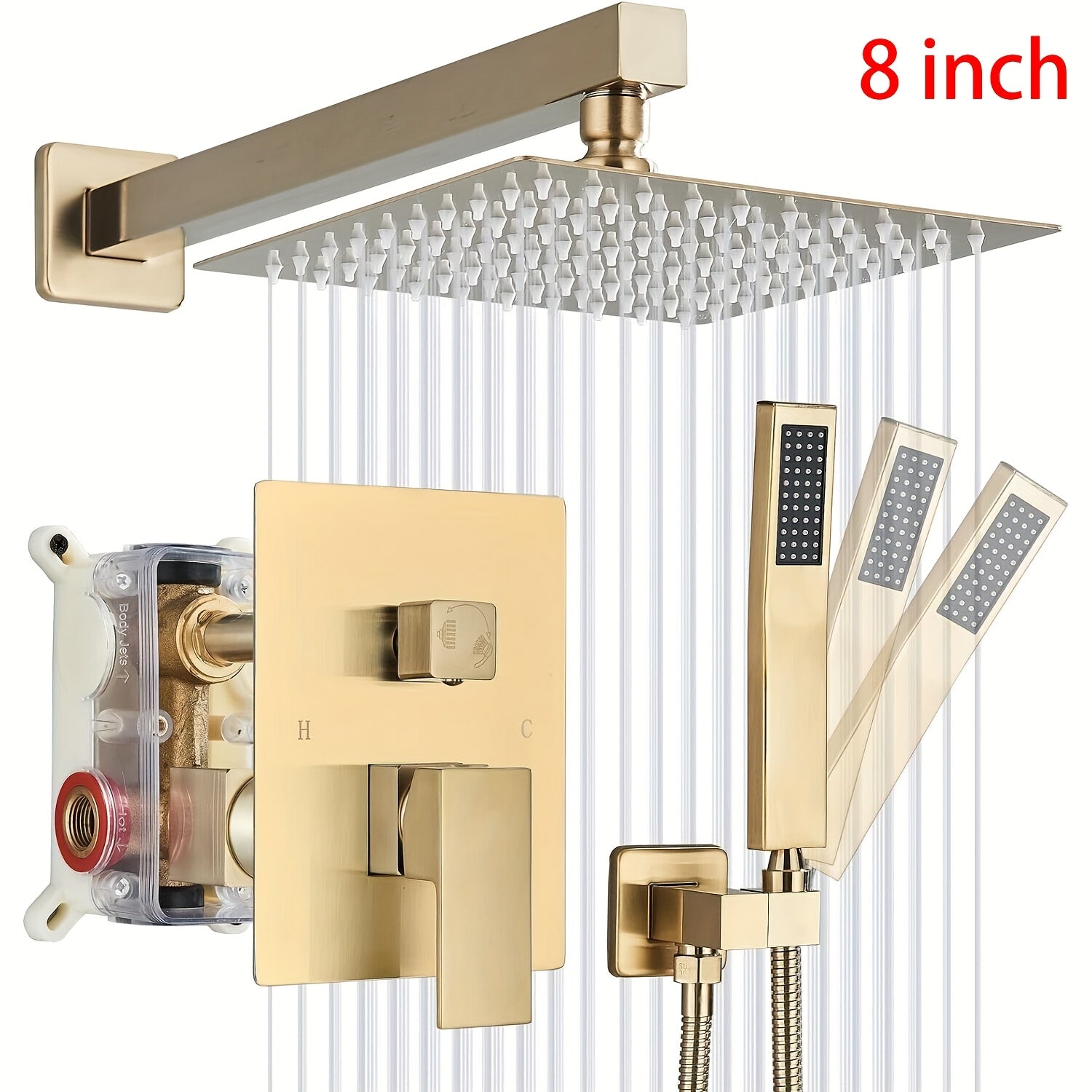 Luxury Bathroom Shower Set Featuring a Brushed Golden Wall-Mounted High-Pressure Rain Shower with a Handheld Sprayer, Complete with Valve Body And Finishing Components