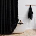 Extra Long Shower Curtain 72x84 Inch - Heavy-Duty Weighted Thick -Like (Black) with Boho Chic Tassel Trim & Grommet Top - Modern Farmhouse Bathroom Curtain Set with Hooks, Machine Washable Tall Bath Window Drapery