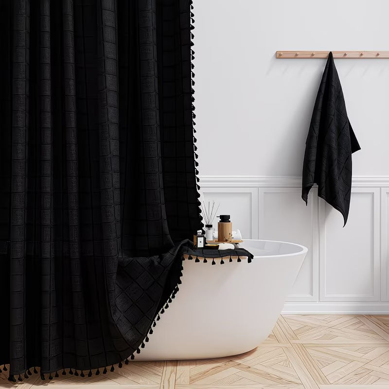 Extra Long Shower Curtain 72x84 Inch - Heavy-Duty Weighted Thick -Like (Black) with Boho Chic Tassel Trim & Grommet Top - Modern Farmhouse Bathroom Curtain Set with Hooks, Machine Washable Tall Bath Window Drapery