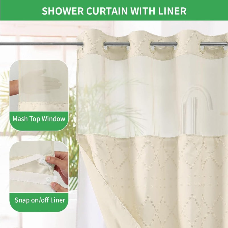 Cream Boho Tufted Chevron Shower Curtain & Fabric Liner Set - Textured Shabby Chic Bathroom Curtain with See-Through Top Window, No Hook\No Rod Installation