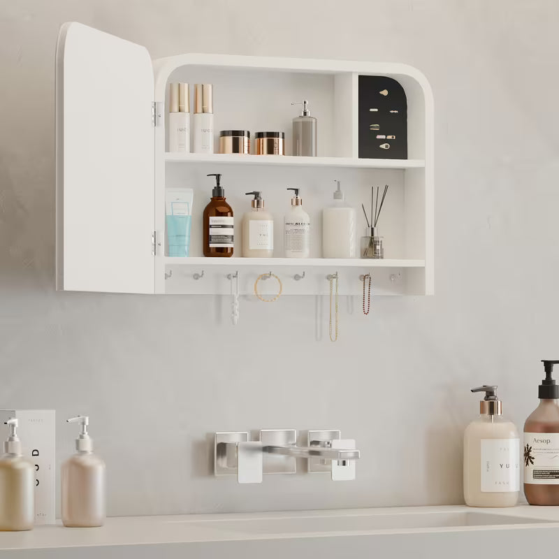 1pc Varnished Solid Wood Arch Cabinet with Mirror, Wall Mount Lightweight Medicine Storage for Bedroom, Bathroom, Living Room - Glass Finish, No Electricity Needed