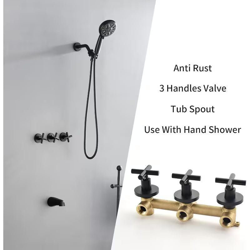 3-Handle Modern Tub and Shower System with Handheld Shower - Matte Black Bath Fixture, Wall-Mounted Shower Kit with Bathtub Spout, Handheld Spray & Trim (Compatible with Tubs)