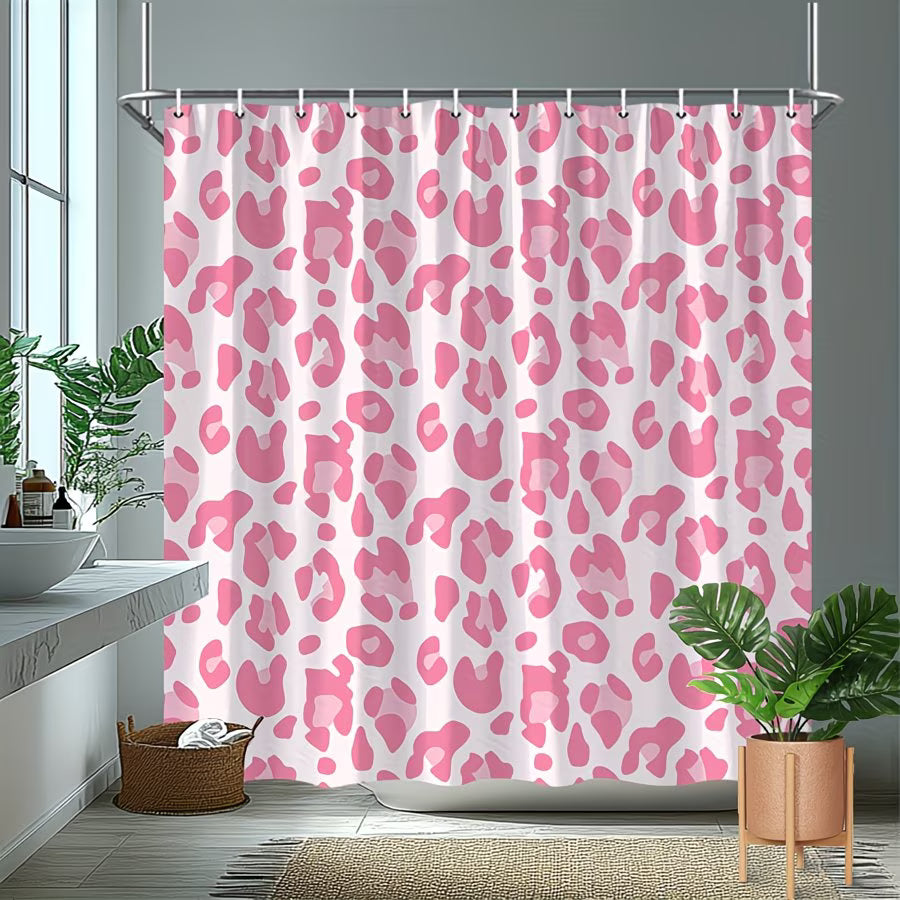 1pc Playful Pink Leopard Print Shower Curtain - Modern Whimsical Design, Durable Polyester Fabric, 70x70 Inch with 12 Hooks, Machine Washable Bathroom Decor, Perfect Housewarming Gift, Shower Curtain Sets for Bathrooms