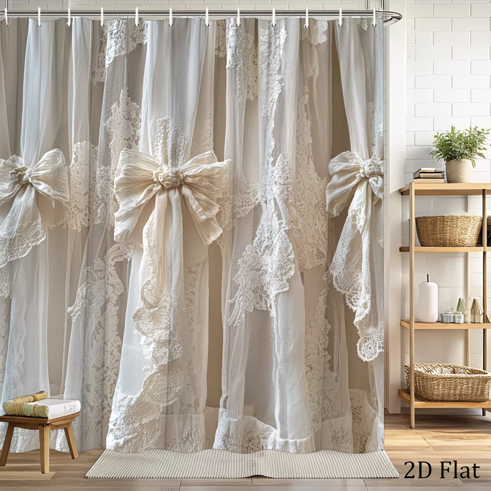 2D Flat, 1pc Vintage Lace Shower Curtain with 12 Hooks - Soft Cream Suitable for Rustic Farmhouse Bath Decor, Elegant Lace Curtain Panel, Machine Washable Cream Fabric for Bathtub, Hooks Included for Installation (No Title Revision)