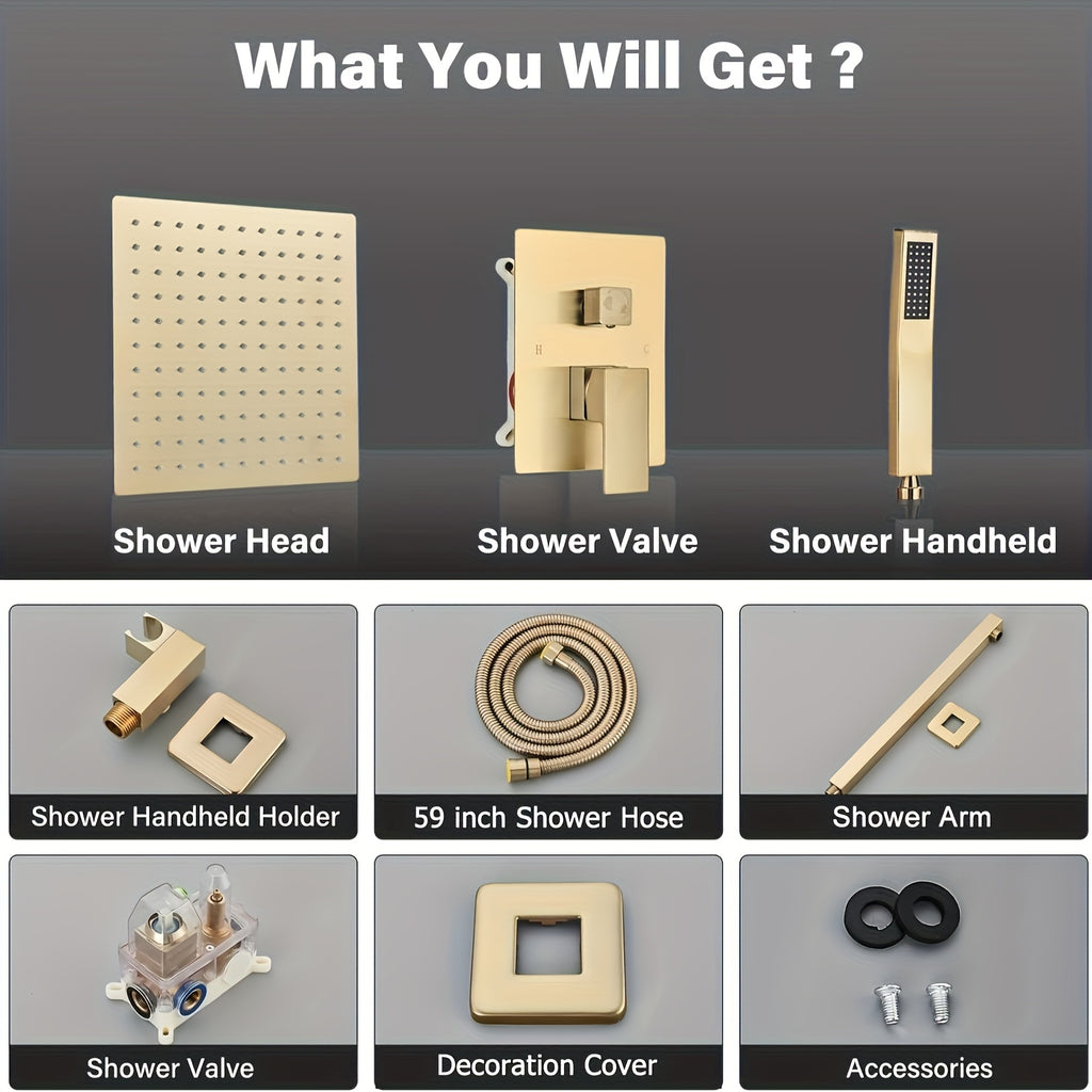 Luxury Bathroom Shower Set Featuring a Brushed Golden Wall-Mounted High-Pressure Rain Shower with a Handheld Sprayer, Complete with Valve Body And Finishing Components