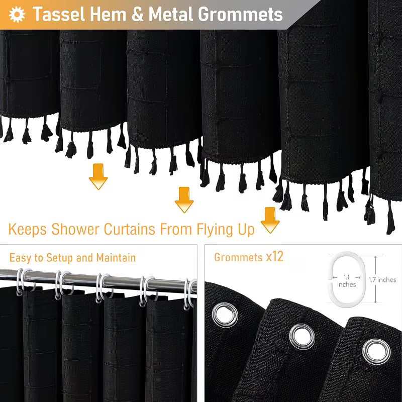 Extra Long Shower Curtain 72x84 Inch - Heavy-Duty Weighted Thick -Like (Black) with Boho Chic Tassel Trim & Grommet Top - Modern Farmhouse Bathroom Curtain Set with Hooks, Machine Washable Tall Bath Window Drapery