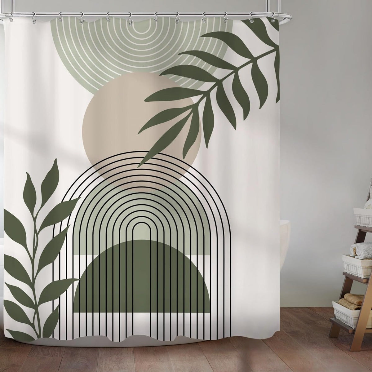 Sage Green Boho Shower Curtain 60Wx72H Abstract Modern Mid Century Bathroom Decor Aesthetic Leaves Geometric Arch Bohemian Minimalist Neutral Simple Fabric Polyester 12pcs Hook