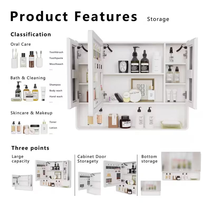 Bathroom Medicine Cabinet with Single-color Warm Light.-fogging, Easy to Install Aluminum-plastic Cabinet.(35.4327.56 Three-Door)