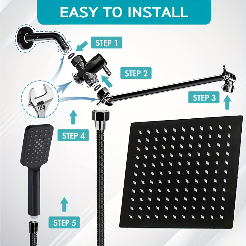 Handheld Showerhead Set Featuring Five Different Water Flow Modes, Made of Stainless Steel with a Chrome End, Includes an Adjustable Height And Angle Extension Arm, Along with a Holder And Hose