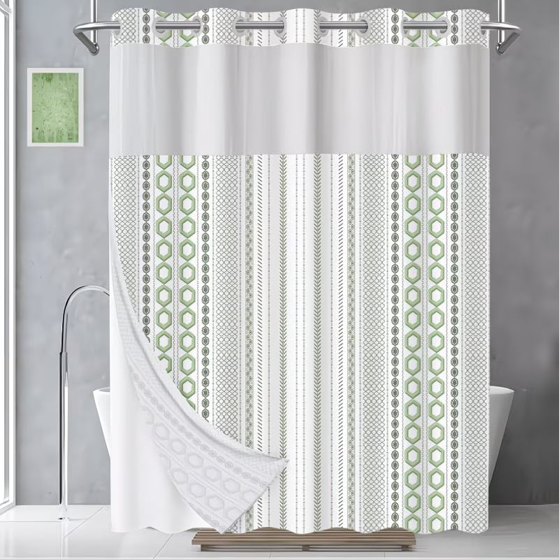 No Hook Shower Curtain with Snap in Liner and Sheer Window | Modern Hotel Style, Polyester, Green and White, 71 X 84 Inches, Machine Washable, Quick Install