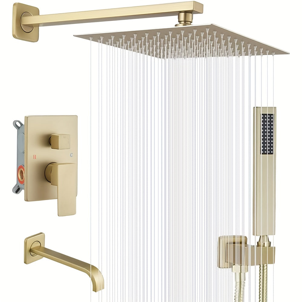 Brushed Golden Shower  Set with Tub Spout Bathroom Rainfall 12 Inch Shower Head System with Handheld Single Handle Shower Trim Kit with Rough-in Valve