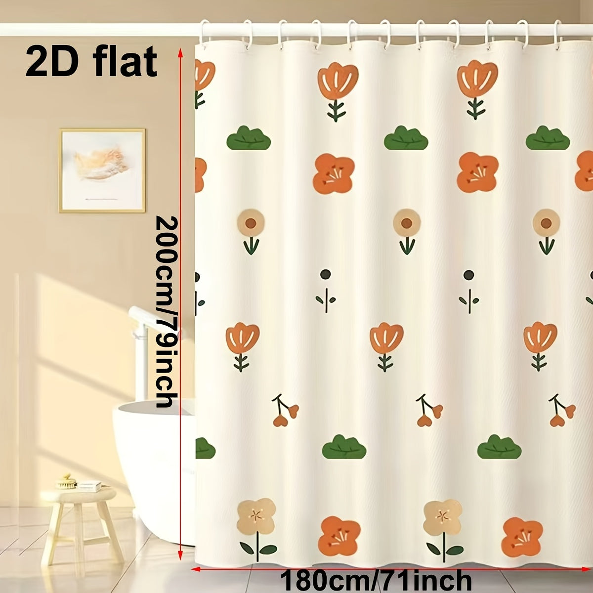 2D Flat, 2D Flat Floral Shower Curtain - Thickened Polyester Fabric with Metal Grommets & Hooks, Vibrant Orange & Green Floral Pattern, Durable Bathroom Decor for All, Seasons, Shower Curtain For Bathrooms, Seasonal Home Accessory