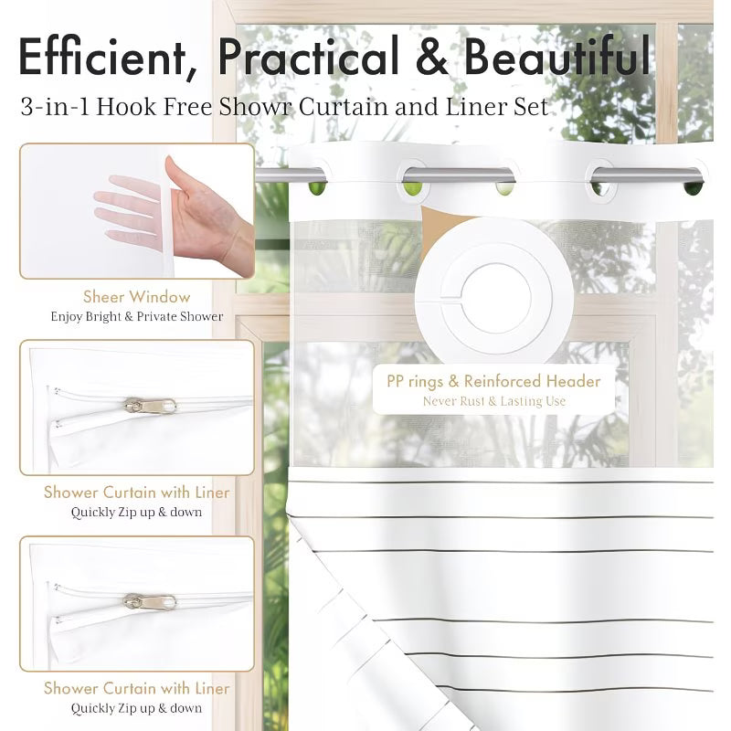 Boho Sage Green Shower Curtain and Liner Set with Sheer Privacy Window - Heavy-Duty High Quality Bathroom Curtain, No-Hook Installation, Tassel Trim, Machine Washable, 74x72 Inch (Fits Standard Bathtub) - Bohemian Farmhouse Decor