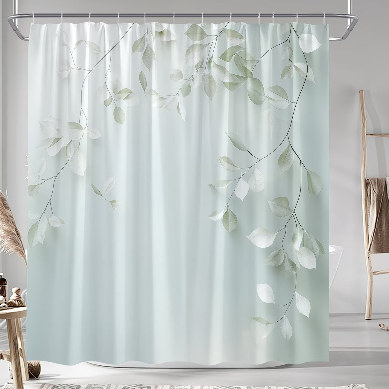 1pc a Stylish Polyester Shower Curtain Featuring a Design of Light Green Leaves And Dark Branches. It Includes No-Drill Super Wide Rings, Is Machine Washable