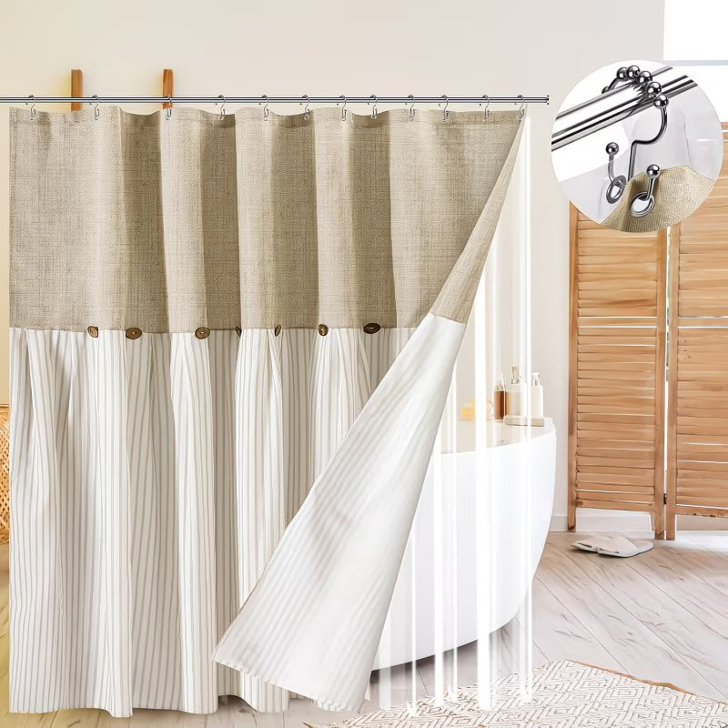 3-in-1 Farmhouse Boho Shower Curtain Set with Clear Weighted Liner & 12 Double Rings - Heavy-Duty -Like / Blend Fabric, Beige/Brown Rustic Bathroom Decor, 70"x70" Bathtub Curtain