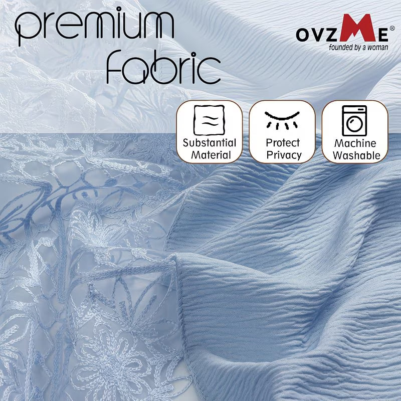 Extra Long Sky Blue Shower Curtain | 96 Inch Long Textured Crinkle Fabric with Embroidery Cutwork, Soft Heavy Weighted, Machine Washable, Polyester, Luxurious Bathroom Decor 72Wx96L Inches