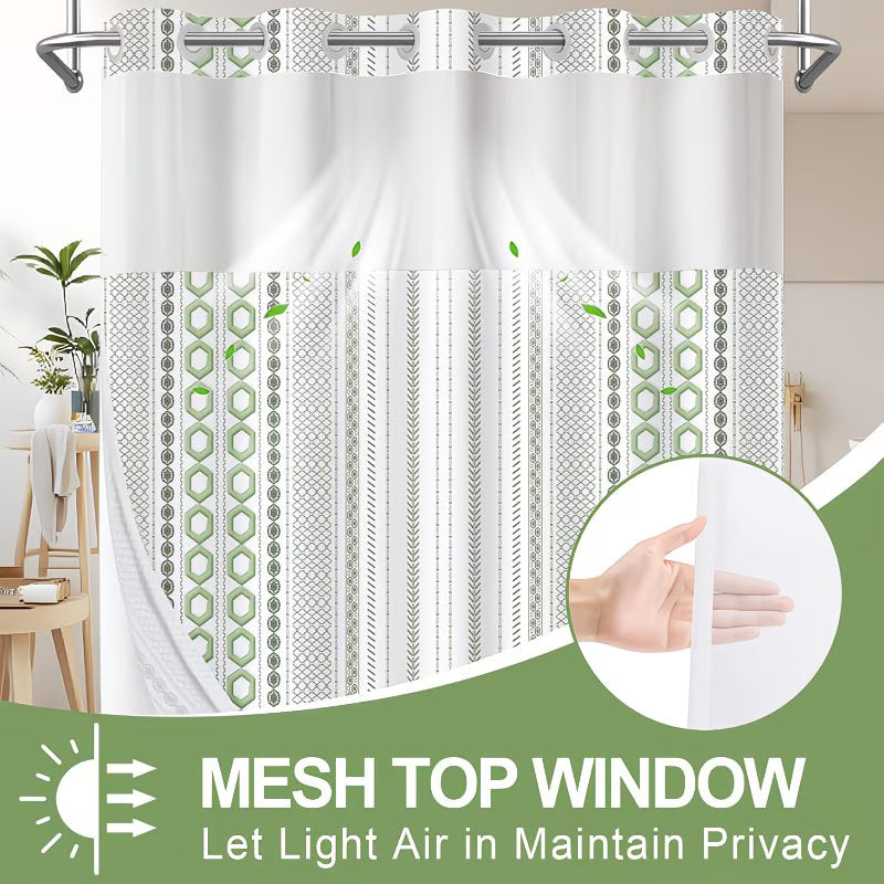 No Hook Shower Curtain with Snap in Liner and Sheer Window | Modern Hotel Style, Polyester, Green and White, 71 X 84 Inches, Machine Washable, Quick Install