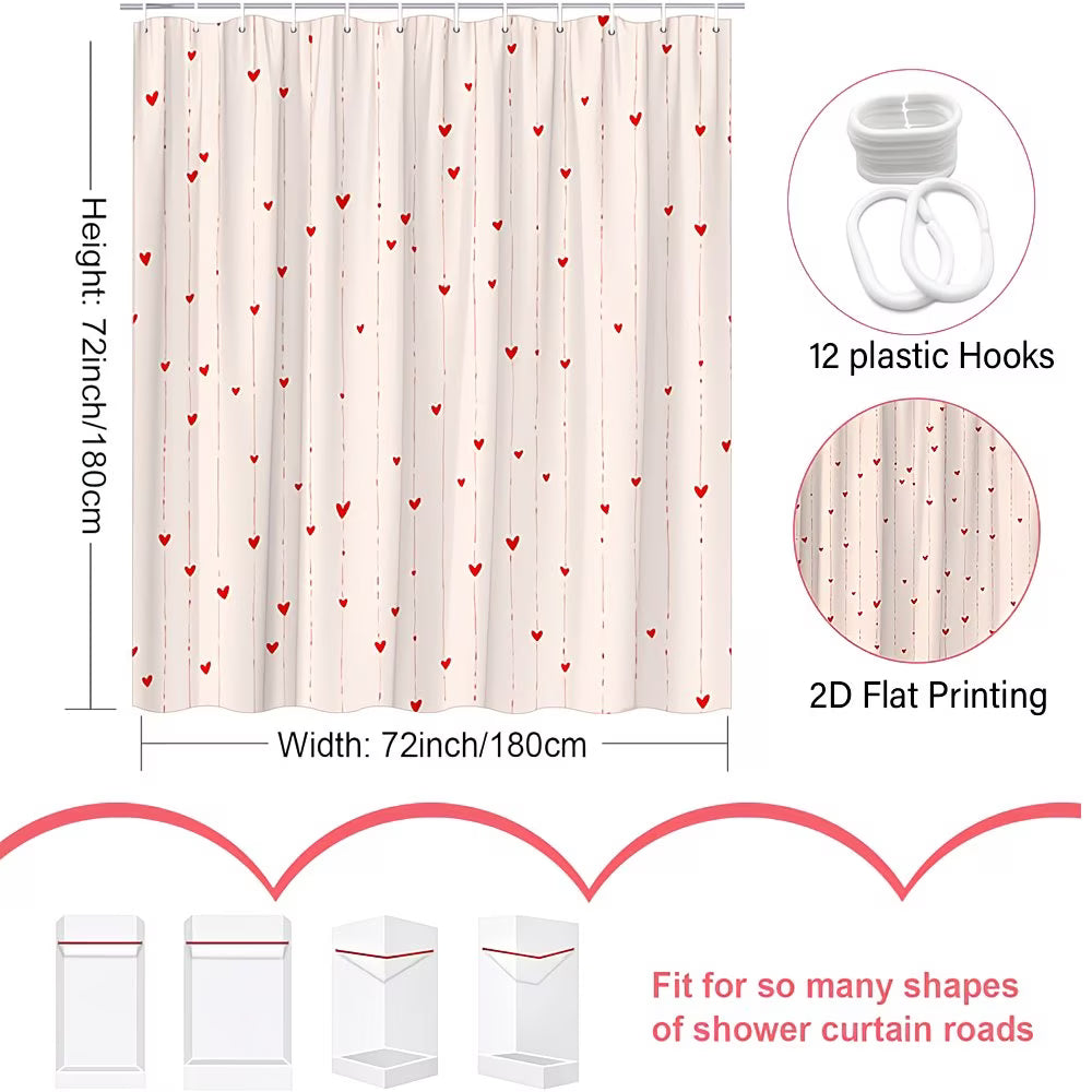 2D Flat, 2D Flat, 1pc Valentine'S Day Shower Curtain Featuring Adorable Red Hearts on a Polyester Fabric Background, Complete with 12 Hooks, Measuring 70.8X70.8 Inches, Perfect for Cheerful Bathroom Decor