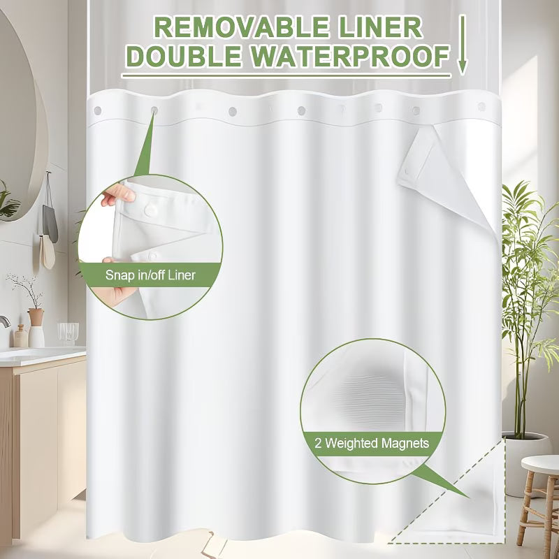 No Hook Shower Curtain with Snap in Liner and Sheer Window | Modern Hotel Style, Polyester, Green and White, 71 X 84 Inches, Machine Washable, Quick Install