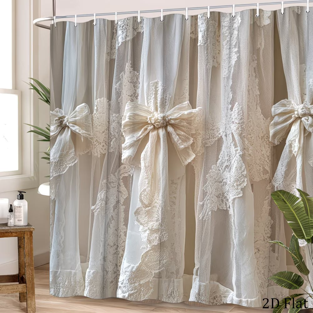 2D Flat, 1pc Vintage Lace Shower Curtain with 12 Hooks - Soft Cream Suitable for Rustic Farmhouse Bath Decor, Elegant Lace Curtain Panel, Machine Washable Cream Fabric for Bathtub, Hooks Included for Installation (No Title Revision)