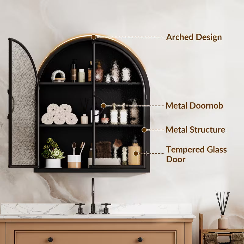 Arched Wall Cabinet Over Toilet | Full Metal Wall Mount Medicine Cabinet with Glass Doors, 3 Shelves, Dual Swing Door, No Assembly Required
