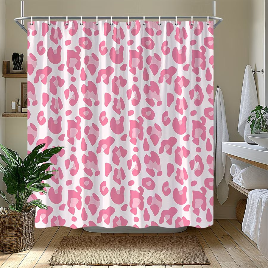 1pc Playful Pink Leopard Print Shower Curtain - Modern Whimsical Design, Durable Polyester Fabric, 70x70 Inch with 12 Hooks, Machine Washable Bathroom Decor, Perfect Housewarming Gift, Shower Curtain Sets for Bathrooms